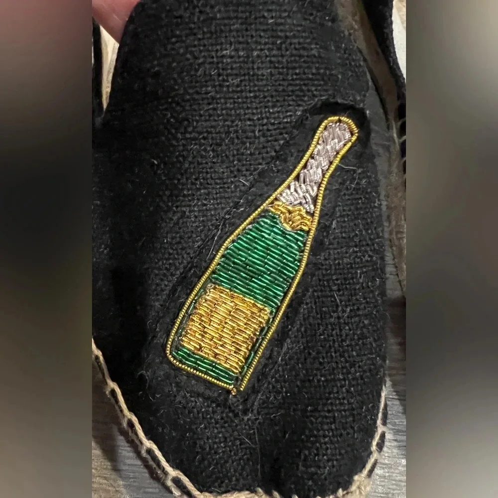 Soludos size 8 Black flat espadrilles beaded wine glass and wine bottle decor